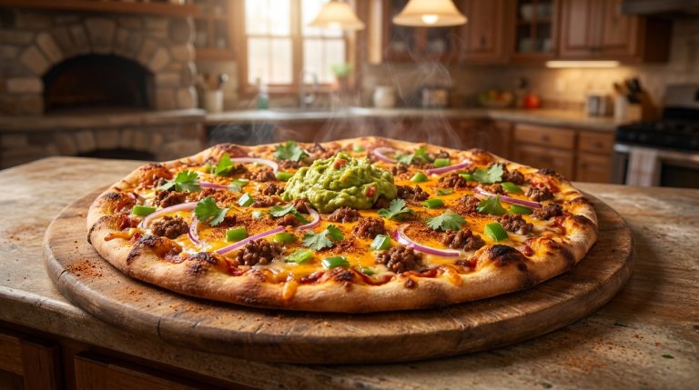 Une pizza fumante avec du bœuf haché, des oignons rouges, de la coriandre et une boule de guacamole sur une planche en bois.