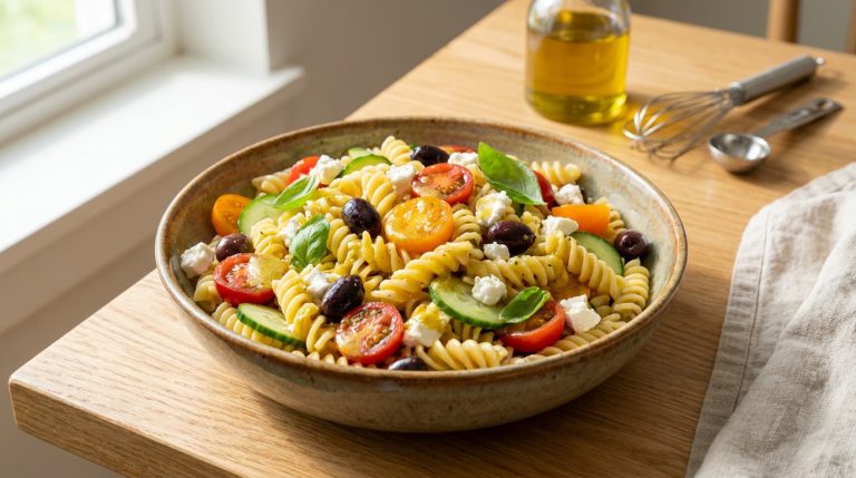 Bol de salade de pâtes aux tomates, concombres, olives, feta et basilic sur une table en bois.