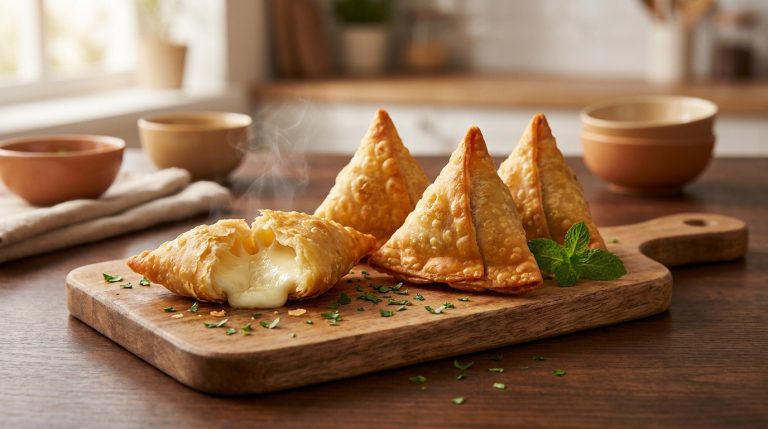 Samoussas dorés et croustillants au fromage fondant sur une planche en bois dans une cuisine.
