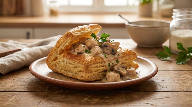 Un délicieux vol-au-vent au poulet et champignons sur une assiette en céramique, posé sur une table en bois rustique.