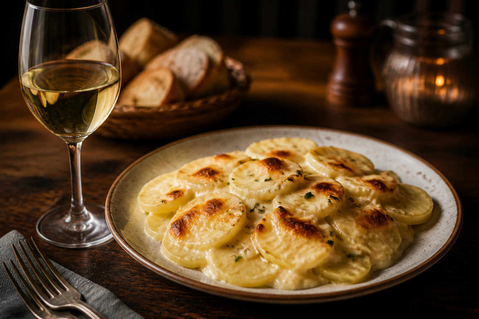 Escalope savoyarde servie avec pommes de terre et vin blanc