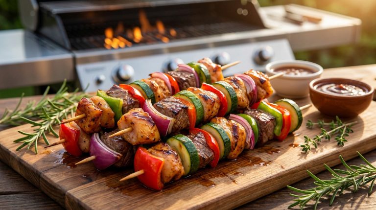 Brochettes de viande et légumes grillés sur une planche en bois avec des sauces, devant un barbecue allumé.