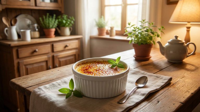 Crème brûlée dans un ramequin blanc sur une table en bois, décorée de feuilles de verveine fraîches.