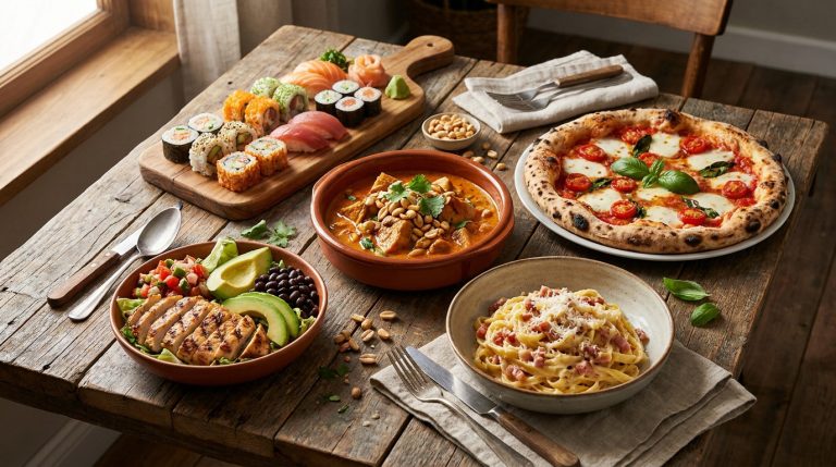 Table rustique avec pizza, sushis, curry, pâtes carbonara et salade de poulet et avocat.