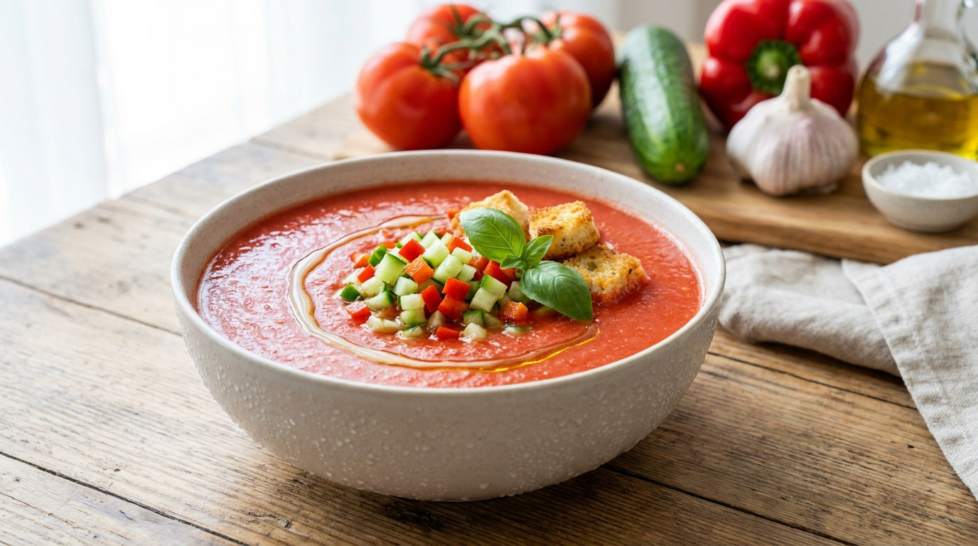 Bol de gaspacho sur une table en bois entouré de tomates, poivrons, concombre et croûtons.