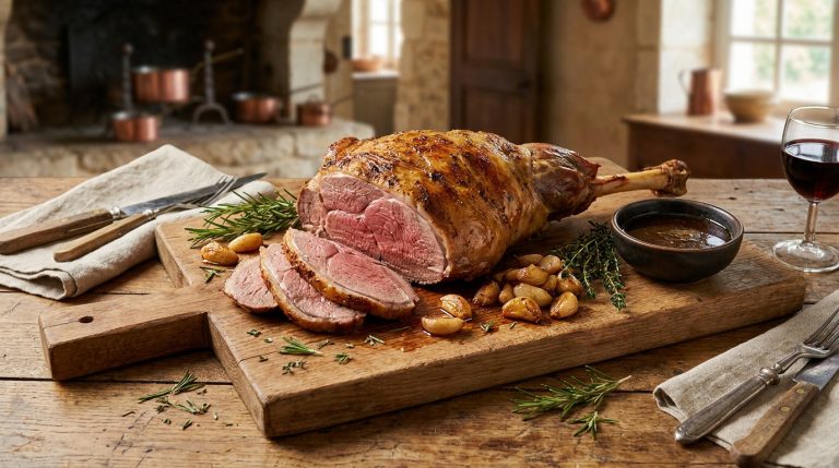 Un gigot d'agneau rôti tranché, servi sur une planche en bois avec de l'ail confit et des herbes.