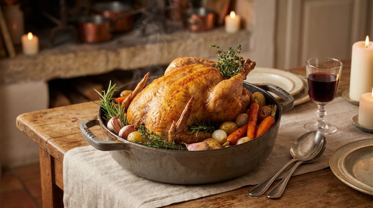 Une pintade rôtie dorée fumante servie dans une cocotte avec des légumes, sur une table dressée avec des bougies.