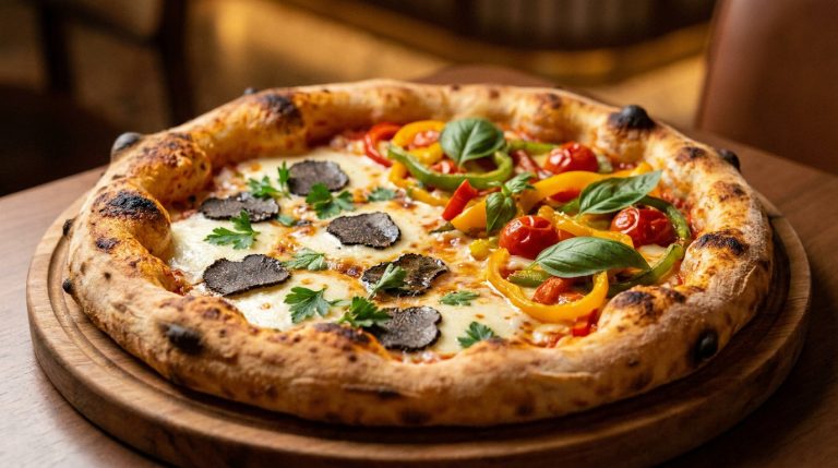 Une pizza italienne cuite au feu de bois avec des truffes noires, des poivrons colorés, des tomates cerises et du basilic.