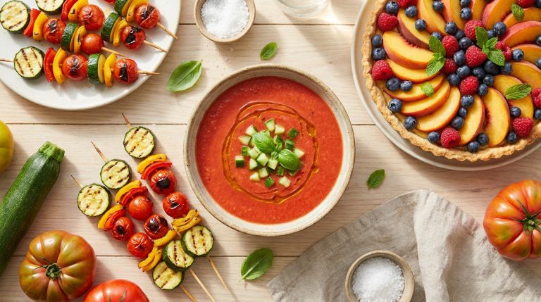 Une table dressée avec des brochettes de légumes, une soupe froide de tomates, et une tarte aux pêches et framboises.