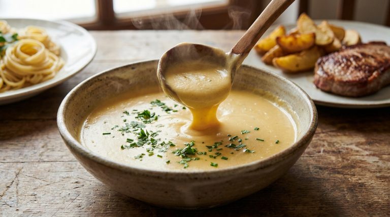 Louche soulevant une sauce au reblochon crémeuse et fumante dans un bol en céramique saupoudrée d'herbes fraîches.