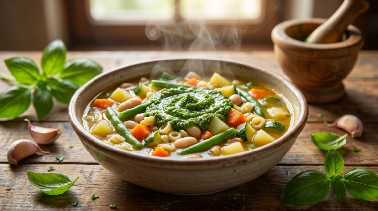 Bol de soupe au pistou fumante avec légumes, pâtes et une spirale de pesto sur une table en bois rustique.