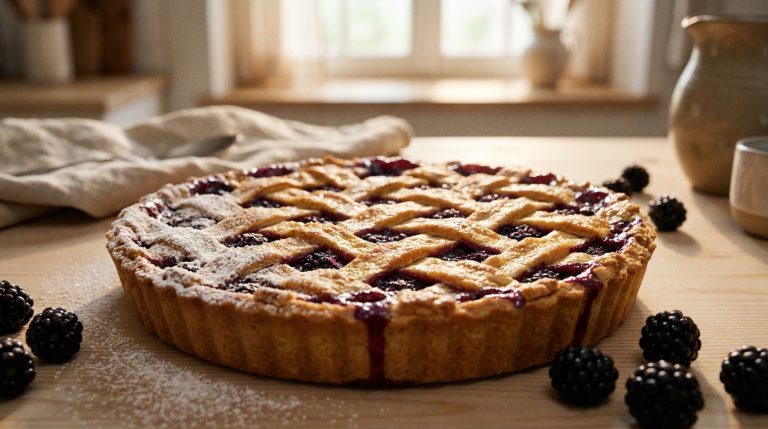 Une délicieuse tarte aux mûres avec un quadrillage de pâte, saupoudrée de sucre glace sur une table en bois rustique.