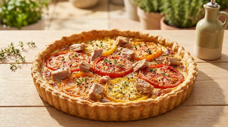 Une tarte salée aux tomates colorées et morceaux de thon sur une table en bois, agrémentée de thym frais.