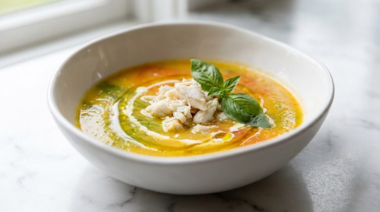 Un bol de soupe de tomate raffinée agrémenté de chair de crabe et d'une feuille de basilic sur une table en marbre.
