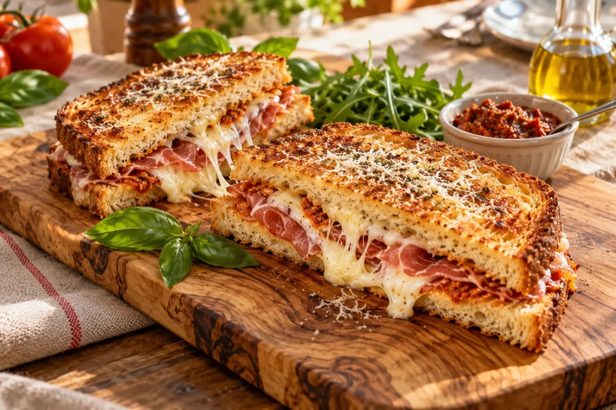 Croque-monsieur à la coppa et mozzarella fondante gratiné au parmesan, servi sur une planche en bois avec basilic, roquette et pesto rosso